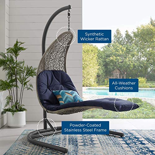 Modway Landscape Wicker Rattan Outdoor Patio Porch Chaise Lounge Hanging Swing Chair Set with Stand in Light Gray Navy