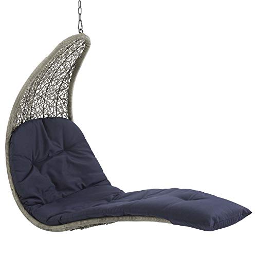 Modway Landscape Wicker Rattan Outdoor Patio Porch Chaise Lounge Hanging Swing Chair Set with Stand in Light Gray Navy