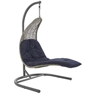 Modway Landscape Wicker Rattan Outdoor Patio Porch Chaise Lounge Hanging Swing Chair Set with Stand in Light Gray Navy