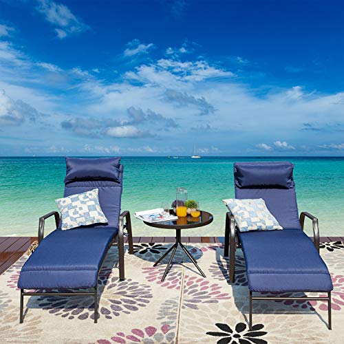 Festival Depot 3Pcs Patio Set of 2 Chaise Lounge Adjustable Back Chairs with Removable Cushions and Bistro Table Outdoor Furniture for Poolside Deck (Blue)