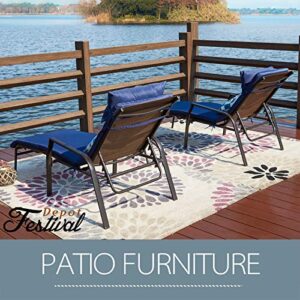 Festival Depot 3Pcs Patio Set of 2 Chaise Lounge Adjustable Back Chairs with Removable Cushions and Bistro Table Outdoor Furniture for Poolside Deck (Blue)