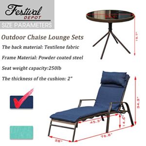 Festival Depot 3Pcs Patio Set of 2 Chaise Lounge Adjustable Back Chairs with Removable Cushions and Bistro Table Outdoor Furniture for Poolside Deck (Blue)