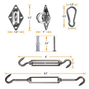 Amgo Triangle Sun Shade Sail Canopy Installation Hardware Kit Accessory 18 PC, 6 Inches Turnbuckles, 316 Stainless Steel, Anti Rust, Heavy Duty