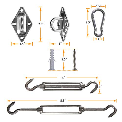 Amgo Triangle Sun Shade Sail Canopy Installation Hardware Kit Accessory 18 PC, 6 Inches Turnbuckles, 316 Stainless Steel, Anti Rust, Heavy Duty