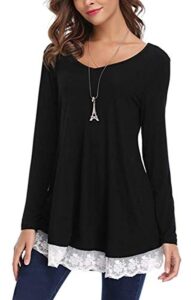 womens long sleeve swing tops v neck casual loose a line lace trim tunic shirts loose blouse black