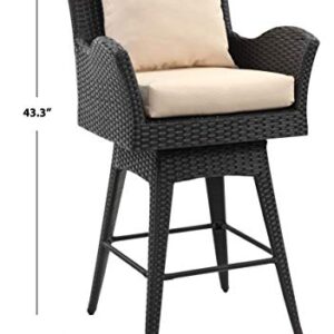 Safavieh PAT2515A Collection Hayes Black and Beige Outdoor Wicker Swivel Armed Counter Stool