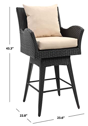 Safavieh PAT2515A Collection Hayes Black and Beige Outdoor Wicker Swivel Armed Counter Stool