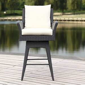 Safavieh PAT2515A Collection Hayes Black and Beige Outdoor Wicker Swivel Armed Counter Stool