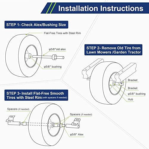 MaxAuto Set of 2 13x6.50-6 Flat Free Lawn Mower Smooth Tires on Wheel for Lawn Mower Garden Tractor(4.0"Centered Hub - Hub Length 4"-7.1" with 5/8" Sintered iron Bushing)