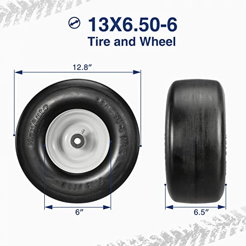 MaxAuto Set of 2 13x6.50-6 Flat Free Lawn Mower Smooth Tires on Wheel for Lawn Mower Garden Tractor(4.0"Centered Hub - Hub Length 4"-7.1" with 5/8" Sintered iron Bushing)