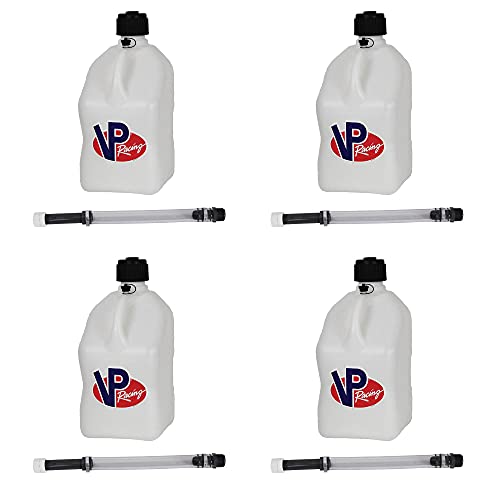 VP Racing Fuels 5 Gallon Square White Racing Utility Jug, 4 White Jugs with 4 Deluxe Filler Hoses