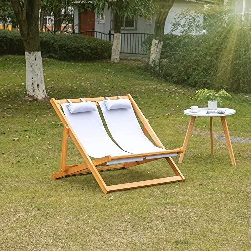 Outsunny 2-Person Sling Chair, Reclining Double Lounger for Patio, Beach, Camping, Lawn, Wood Folding Chair with Recliner Design for 2 Adults, Cream White