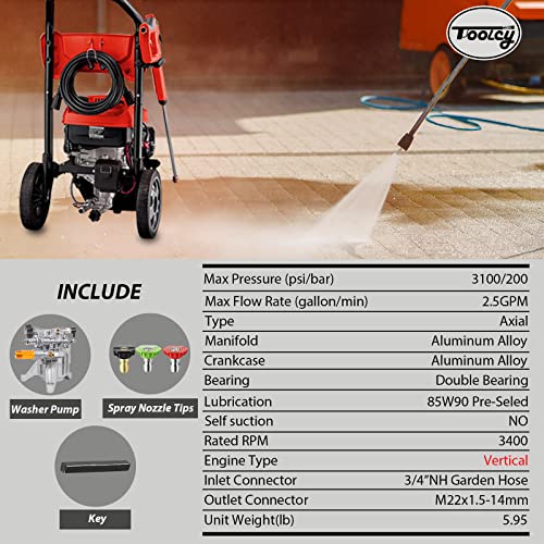 TOOLCY 7/8" Shaft Vertical Pressure Washer Pump - Max 3100 PSI @ 2.5 GPM OEM & Power Washer Pump for Gas Washer - Pre-Filling Gear Oil - More Replacements: Simpson, Ryobi, Honda, etc.