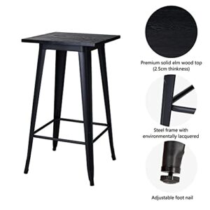 glitzhome 41.50" H Modern Style High Heavy-Duty Metal Black Steel Square Bar Table with Solid Elm Wood Top Sturdy Frame Bistro Pub Table