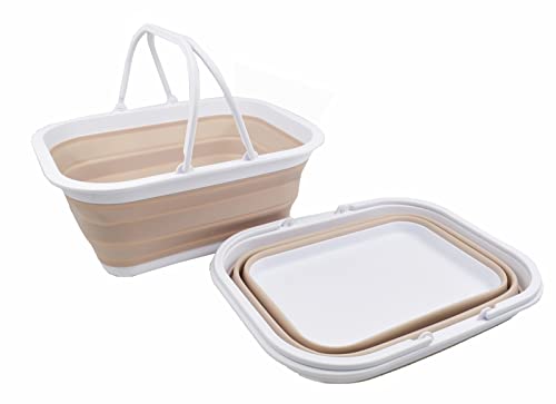 SAMMART 15L (4 Gallons) Collapsible Basket with Handle - Portable Outdoor Picnic Basket/Crater - Foldable Shopping Bag - Space Saving Storage Container (White/Latte (Set of 2))