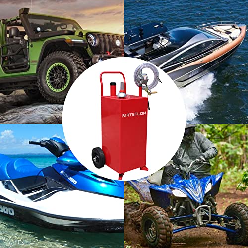 PartsFlow 30 Gallon Gas Caddy Portable Fuel Tank Large Gasoline container Diesel portable gas tank with pump Rolling and Solid Rubber Wheels for Boat,ATV,Motorcycle,UTV,Car