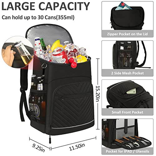 Cooler Backpack Insulated Leakproof Waterproof Backpack Cooler Bag 30 Cans, Large Capacity Lightweight Travel Camping Beach Drink Beverage Beer Bag Cooler Ice Chest for Men and Women, Black