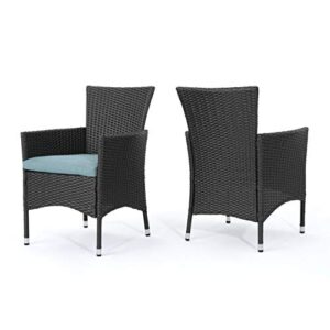 christopher knight home malta outdoor wicker dining chairs with water resistant cushions, 2-pcs set, grey / teal cushion
