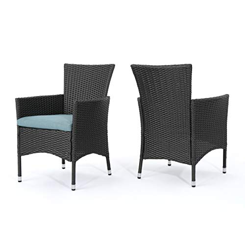 Christopher Knight Home Malta Outdoor Wicker Dining Chairs with Water Resistant Cushions, 2-Pcs Set, Grey / Teal Cushion