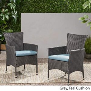 Christopher Knight Home Malta Outdoor Wicker Dining Chairs with Water Resistant Cushions, 2-Pcs Set, Grey / Teal Cushion