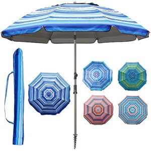 blissun 7.2′ portable beach umbrella with sand anchor, tilt pole, carry bag, air vent (blue and white)