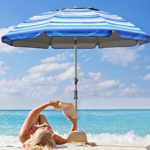 Blissun 7.2' Portable Beach Umbrella with Sand Anchor, Tilt Pole, Carry Bag, Air Vent (Blue and White)