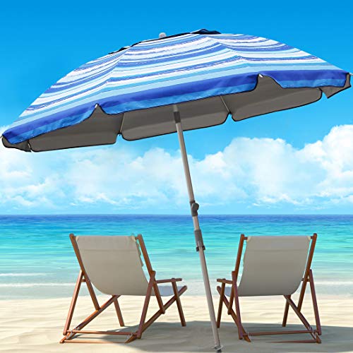 Blissun 7.2' Portable Beach Umbrella with Sand Anchor, Tilt Pole, Carry Bag, Air Vent (Blue and White)