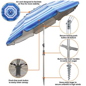 Blissun 7.2' Portable Beach Umbrella with Sand Anchor, Tilt Pole, Carry Bag, Air Vent (Blue and White)