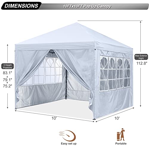 ABCCANOPY 10X10 Pop Up Canopy Tent Enclosed Instant Canopy Shelter with Zipped Side Wall Church Window, Bonus 4 Weights Bags (White)