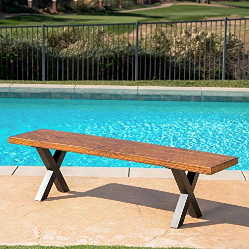 Christopher Knight Home Islamorada Outdoor Lightweight Concrete Dining Bench, Brown Walnut / Black