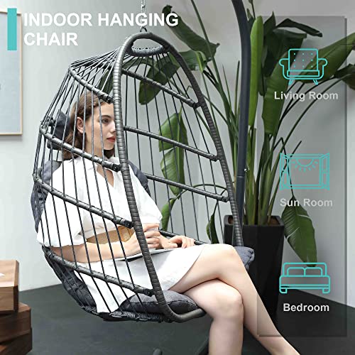 SWITTE Hanging Egg Chair with Stand, Egg Swing Hammock Chair with Stand, Indoor Outdoor Wicker Egg Chair with Cushion Headrest for Patio Bedroom Porch Garden, 350LBS Capacity(Dark Grey)