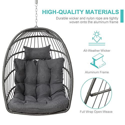SWITTE Hanging Egg Chair with Stand, Egg Swing Hammock Chair with Stand, Indoor Outdoor Wicker Egg Chair with Cushion Headrest for Patio Bedroom Porch Garden, 350LBS Capacity(Dark Grey)