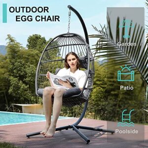 SWITTE Hanging Egg Chair with Stand, Egg Swing Hammock Chair with Stand, Indoor Outdoor Wicker Egg Chair with Cushion Headrest for Patio Bedroom Porch Garden, 350LBS Capacity(Dark Grey)