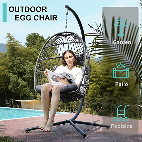 SWITTE Hanging Egg Chair with Stand, Egg Swing Hammock Chair with Stand, Indoor Outdoor Wicker Egg Chair with Cushion Headrest for Patio Bedroom Porch Garden, 350LBS Capacity(Dark Grey)