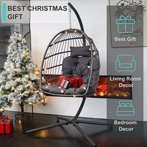 SWITTE Hanging Egg Chair with Stand, Egg Swing Hammock Chair with Stand, Indoor Outdoor Wicker Egg Chair with Cushion Headrest for Patio Bedroom Porch Garden, 350LBS Capacity(Dark Grey)