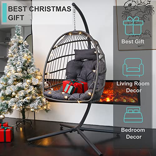 SWITTE Hanging Egg Chair with Stand, Egg Swing Hammock Chair with Stand, Indoor Outdoor Wicker Egg Chair with Cushion Headrest for Patio Bedroom Porch Garden, 350LBS Capacity(Dark Grey)