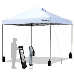 voysign 10×10 pop up canopy tent, outdoor instant sun shelter, white color, included 1 x rolling storage wheeled bag, 4 x weight bags, 4 x guylines, 8 x stakes…