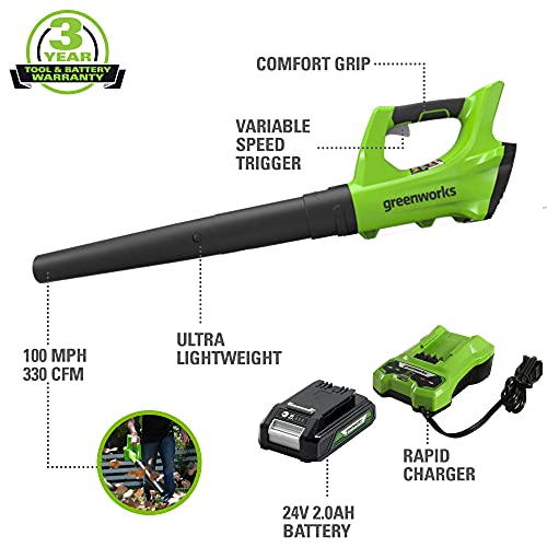Greenworks 24V Axial Blower (100 MPH/330 CFM), 2Ah Battery and Charger 2400702 (Gen 1)