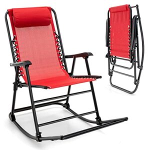 giantex rocking camping chair folding – outdoor rocker camping chair w/pillow high back ergonomic armrests & footrest, foldable rocking lawn chair for patio camping lawn backyard garden (1, red)