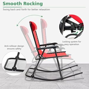 Giantex Rocking Camping Chair Folding - Outdoor Rocker Camping Chair w/Pillow High Back Ergonomic Armrests & Footrest, Foldable Rocking Lawn Chair for Patio Camping Lawn Backyard Garden (1, Red)