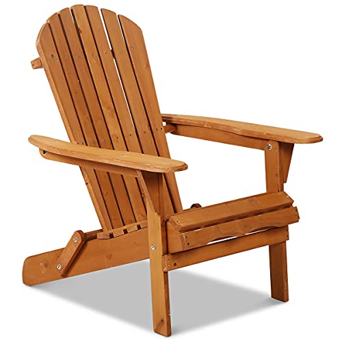 Adirondack Chair Weather Resistant Patio Chairs Folding Outdoor Chair w/Long Arms Solid Wooden Heavy Duty Reclining Fire Pit Chair for Deck, Lawn, Backyard, Garden - Natural