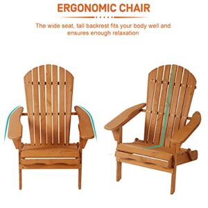 Adirondack Chair Weather Resistant Patio Chairs Folding Outdoor Chair w/Long Arms Solid Wooden Heavy Duty Reclining Fire Pit Chair for Deck, Lawn, Backyard, Garden - Natural