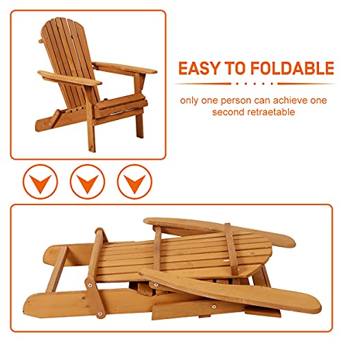 Adirondack Chair Weather Resistant Patio Chairs Folding Outdoor Chair w/Long Arms Solid Wooden Heavy Duty Reclining Fire Pit Chair for Deck, Lawn, Backyard, Garden - Natural