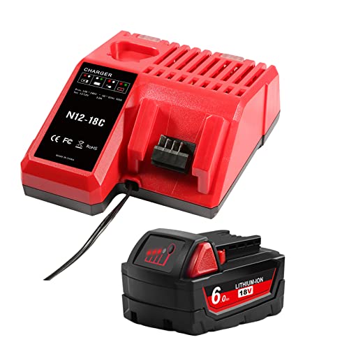 6.0Ah 18V Battery and Charger Replacement for Milwaukee M18 Battery Charger Kit, Compatible with M12 M18 Milwaukee Batteries Charger 48-59-1812, Milwaukee 18V Battery 48-11-1852 48-11-1815 48-11-1820