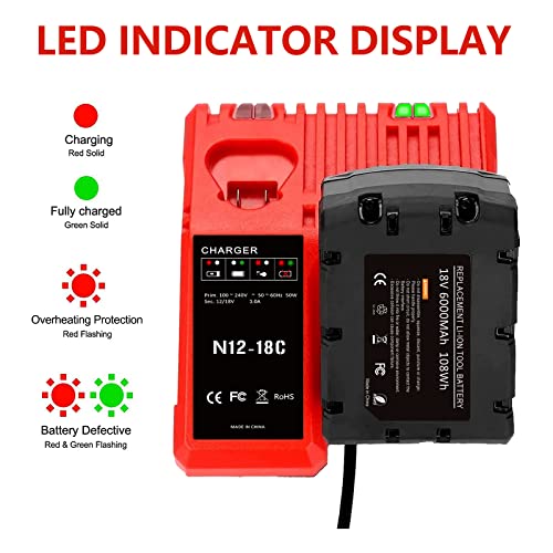 6.0Ah 18V Battery and Charger Replacement for Milwaukee M18 Battery Charger Kit, Compatible with M12 M18 Milwaukee Batteries Charger 48-59-1812, Milwaukee 18V Battery 48-11-1852 48-11-1815 48-11-1820