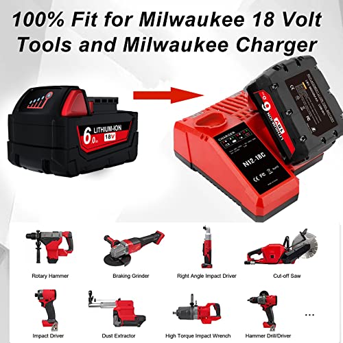 6.0Ah 18V Battery and Charger Replacement for Milwaukee M18 Battery Charger Kit, Compatible with M12 M18 Milwaukee Batteries Charger 48-59-1812, Milwaukee 18V Battery 48-11-1852 48-11-1815 48-11-1820