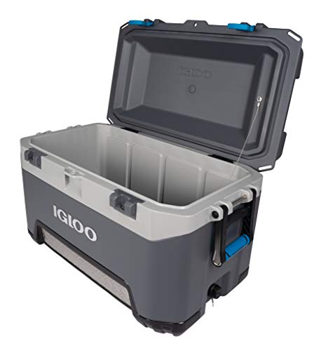 Igloo BMX 72 Quart Cooler with Cool Riser Technology, Fish Ruler, and Tie-Down Points - 18.70 Pounds - Carbonite Gray and Blue