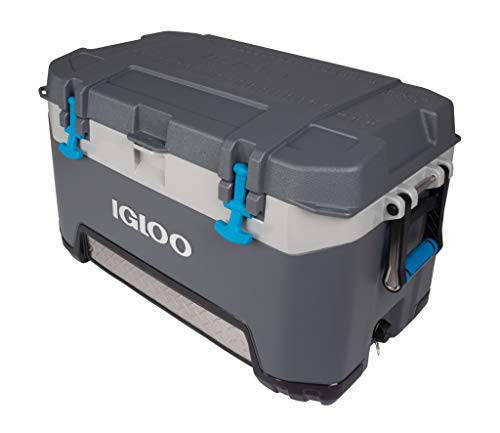 Igloo BMX 72 Quart Cooler with Cool Riser Technology, Fish Ruler, and Tie-Down Points - 18.70 Pounds - Carbonite Gray and Blue