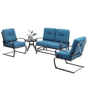 oakmont 4 pieces outdoor furniture patio conversation set glider loveseat, 2 chairs with round side table spring lounge chair sets metal frame wrought iron look (peacock blue)