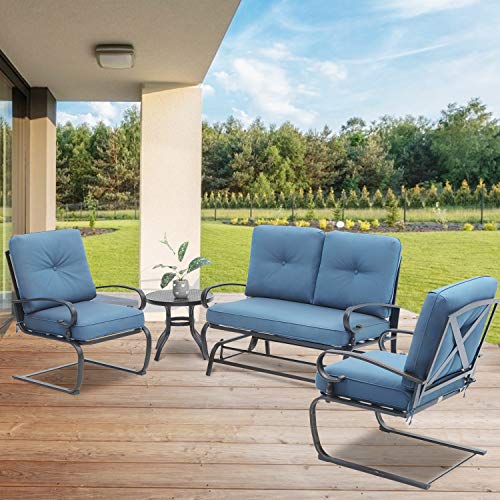 Oakmont 4 Pieces Outdoor Furniture Patio Conversation Set Glider Loveseat, 2 Chairs with Round Side Table Spring Lounge Chair Sets Metal Frame Wrought Iron Look (Peacock Blue)